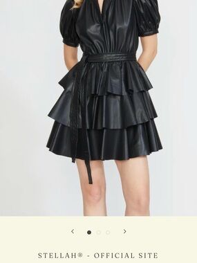 Stellah Black Tiered Faux-Leather Mini with Puff Sleeves